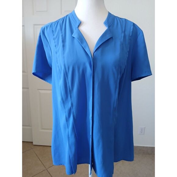 Dana‎ Buchman Womens Blue  Button Up Collared Short Sleeve Blouse Size Large - Picture 1 of 13
